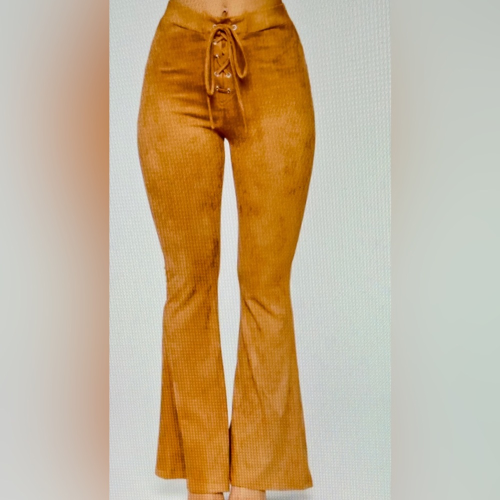 Fashion Nova Here to Stay Cognac Faux Suede Lace Up Flared Pants (BRAND NEW)